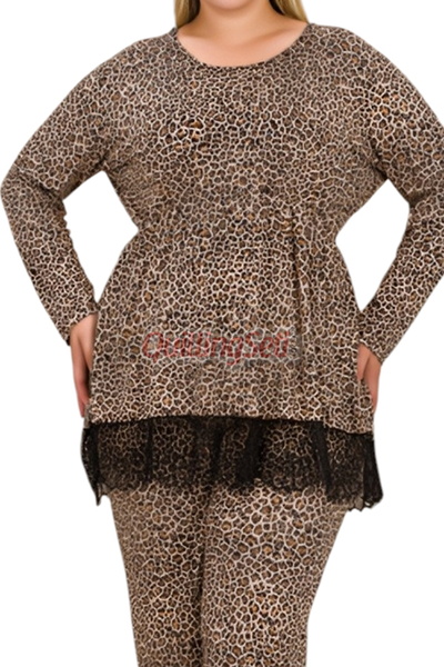 quilling 11428 Women's Long Sleeve Plus Size Mom Pajama Set with Leopard Print and Lace Detail