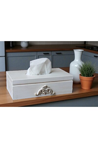 Decoratiuni Vintage Casa Retro Napkin box and carved wooden ornament, hand-painted antique white, 13*25 cm