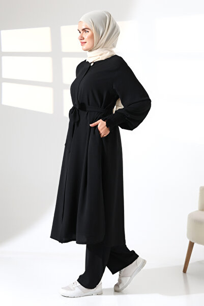 ihvan online Women's Linen Hajj and Umrah Clothing Belted Hijab Two-Piece Set - Black