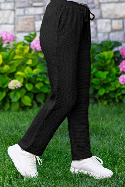 Eliş Şile Bezi Elastic Waist Multi Double Pocket Muslin Women'S/Men's Unisex Summer Trousers Black Syh
