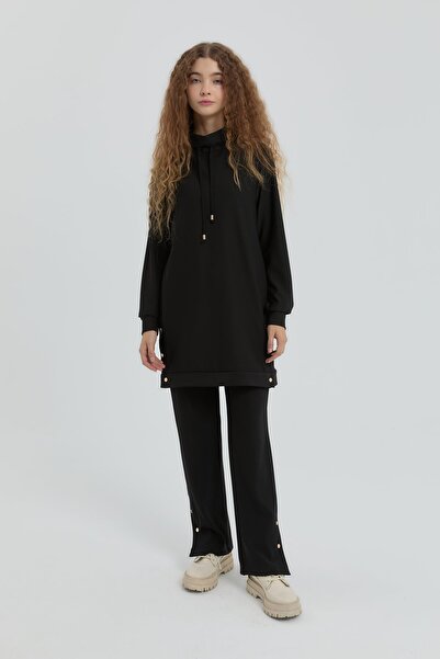 Nihan Side Detailed Knitted Trousers Tunic Set Black