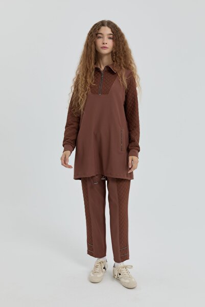 Nihan Leopar Jakarlı Örme Pantolon Tunik Takım Kahve