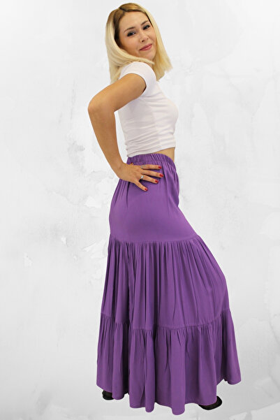 MAKSEN TEKSTİL Relaxed Fit Viscose Fabric Elastic Waist Ruffled Long Women's Gypsy Skirt