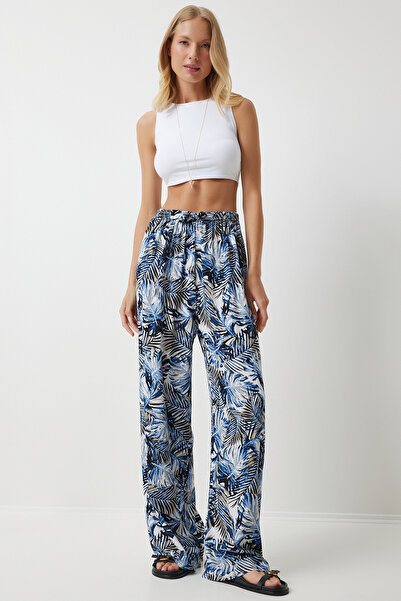 Lovelyİstanbul Patterned Draped Viscose Palazzo Trousers Len0003 Dark Blue Black