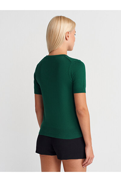 Dilvin 10779 Μπλούζα με κοντό μανίκι με λαιμόκοψη Basic Knitwear-K.Zümrüt