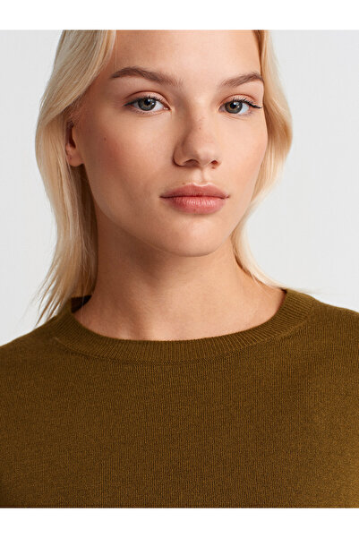 Dilvin 10633 Crew Neck Wool Basic Knitwear Sweater-Olive Green