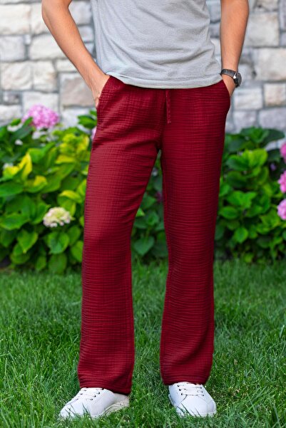 Eliş Şile Bezi Elastic Waist Multi Double Pocket Muslin Women'S/Men's Unisex Summer Trousers Burgundy Brd