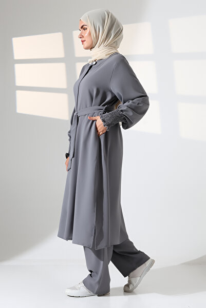 ihvan online Women's Linen Hajj and Umrah Clothing Belted Hijab Two-Piece Set - Gray