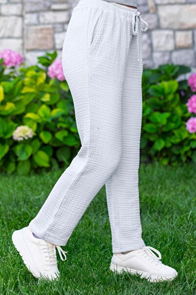 Eliş Şile Bezi Elastic Waist Multi Double Pocket Muslin Women'S/Men's Unisex Summer Trousers White Byz