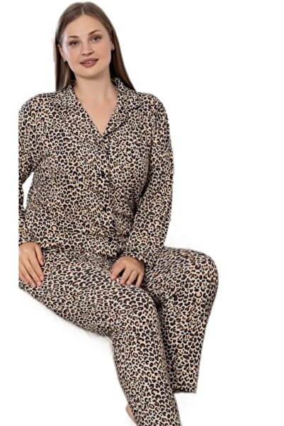 bipamuk Giovanna Shirt Collar Plus Size Leopard Women's Pajama Set Soft Textured 3Xl/6Xl