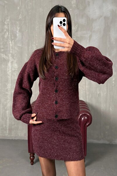 My Blog Burgundy Cardigan and Skirt Knitwear Set - 00377