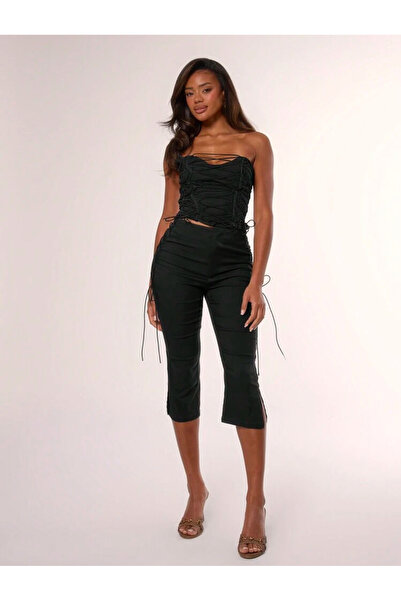 La Saade Midnight Slit Capri-Y2k Yan Bağcık Detaylı Siyah Pinterest Kapri Pantolon