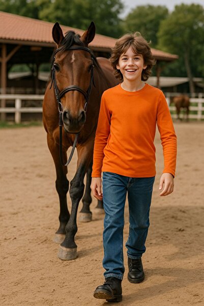 Cloise Oranj Çocuk Uzun Kollu T-shirt Kız - Erkek Unisex %100 Pamuk