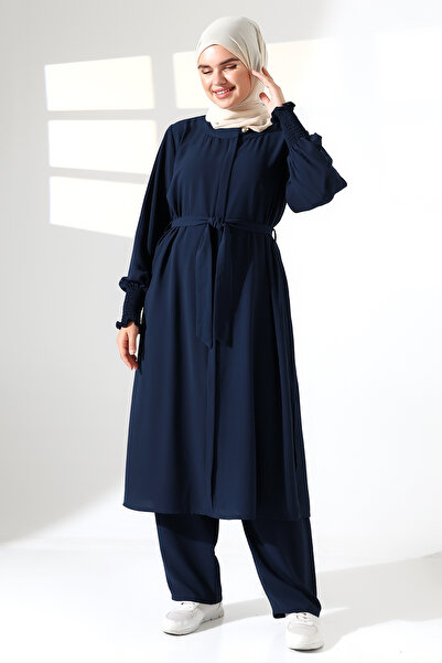 ihvan online Women's Linen Hajj and Umrah Clothing Belted Hijab Two-Piece Set - Navy Blue