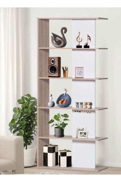 BAITY Decorative Shelving Unit 5 Tiers Malaysian Wood Beige and White - Size 180*30*80 cm