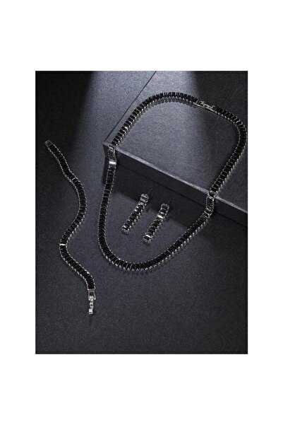 Pursehuit Σετ κολιέ, σκουλαρίκια και βραχιόλι, τένις, ασημί χρώμα, με μαύρες ...