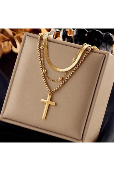 Pursehuit Χρυσό κολιέ, 3 στρώσεις, με σταυρό, ανοξείδωτο ατσάλι, επιχρυσωμένο...