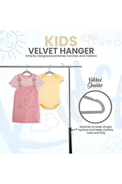 Saharaz Non-Slip Clothes Hanger for Baby and Kids 50-Pack Velvet Hangers with 10 Finger Clips (Grey)