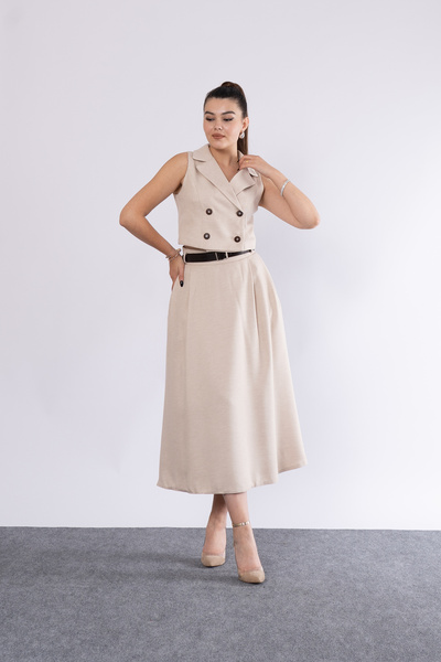 MissVina Midi-Length Belt Pocket Skirt and Jacket Collar Lined Vest Suit 1156