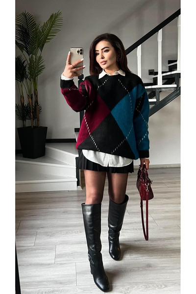 My Blog سترة بأكمام طويلة بنمط البقلاوة باللون الأزرق - 7184