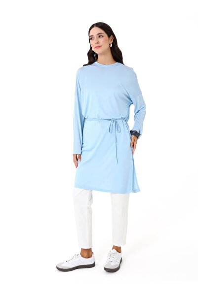 Benin Comfortable Fit Tie-Waist Long Tunic - Blue -