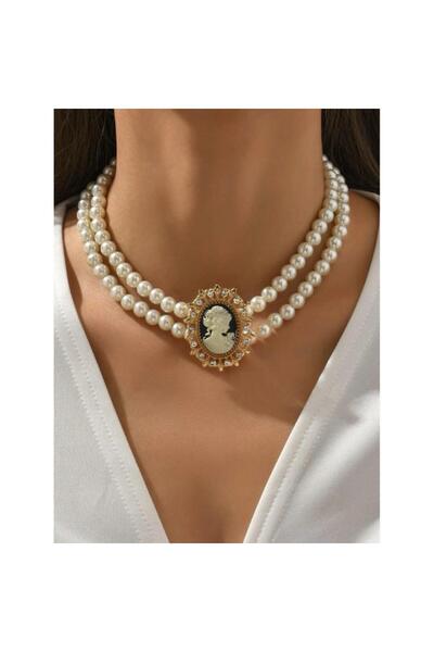 Pursehuit Κολιέ choker, χρυσό, με μαργαριτάρια και vintage μενταγιόν, Arja C17