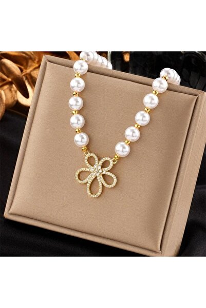 Pursehuit Colier auriu, realizat din oțel inoxidabil, cu perle și flori, sufl...