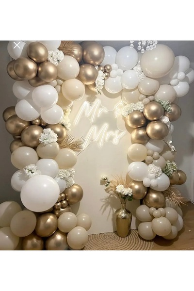 Mora süslemeleri Gold Krom Deniz Kumu Beyaz 100 Lü Balon Zincir Seti