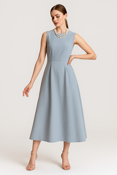 Rich Γυναικείο ανοιχτό μπλε φόρεμα με στρογγυλή λαιμόκοψη