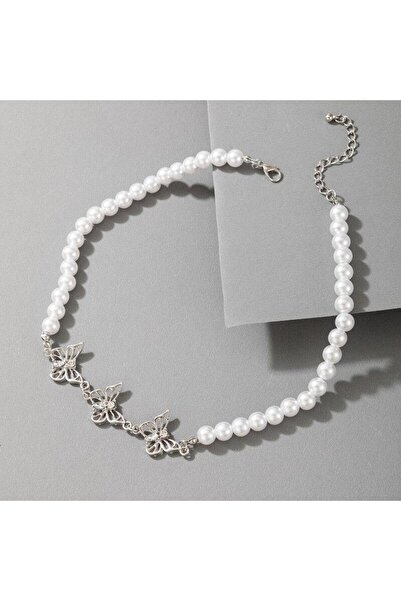Pursehuit Colier de culoare argintie, cu perle și fluturi, Norma C12