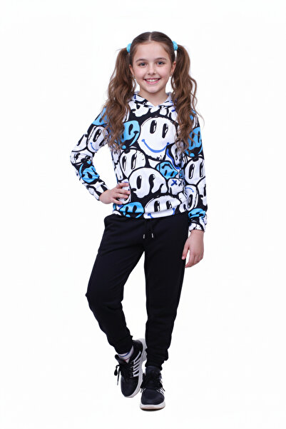 FYK KİDS KAPÜŞONLU DESENLİ KIZ ÇOCUK ALT-ÜST EŞOFMAN TAKIMI