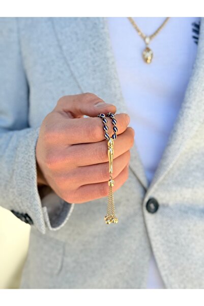 Yener Mücevher Lacivert Mineli Altın Tespih