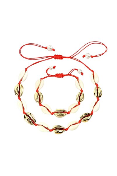 Pursehuit Set colier și brățară cu scoici și șnur roșu, reglabil, Sargit C1