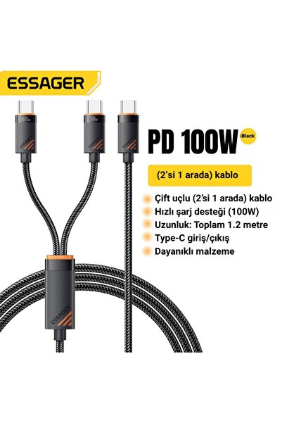 essager 1.2 Metre 100W 2in1 Type C to 2x Type C Şarj ve Data Kablosu, Çift Ci...