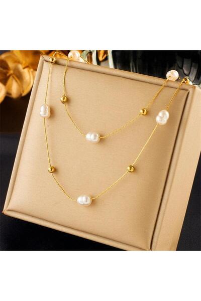 Pursehuit Χρυσό κολιέ, σε 2 στρώσεις, από ανοξείδωτο ατσάλι, με μαργαριτάρια,...