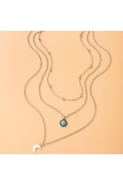Pursehuit Silver Colour necklace, in 3 layers, with crescent moon and turquoise stone, Dora C11