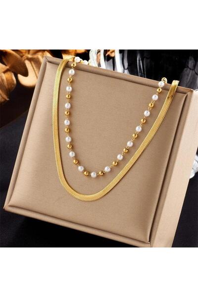 Pursehuit Χρυσό κολιέ, 2 στρώσεων, από ανοξείδωτο ατσάλι, με μαργαριτάρια, φυ...