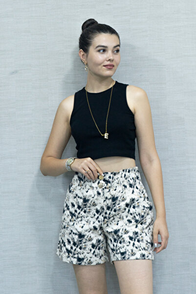 MissVina Elastic Waist and Button Denim Gabardine Pocket High Waist Shorts 30160