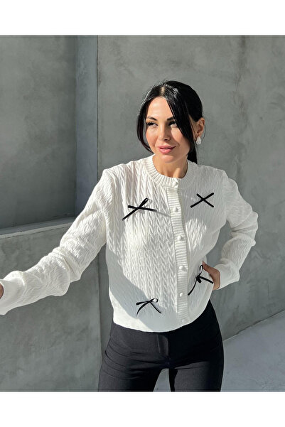 My Blog Cream Mini Bow Detailed Buttoned Front Knitwear Cardigan-4375