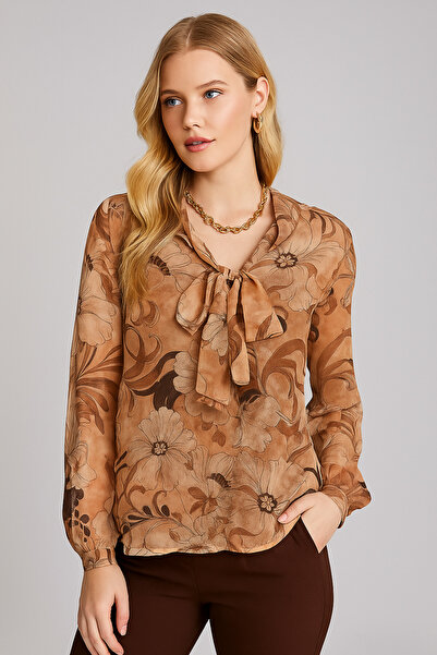 Rich Дамска кафява шифонова блуза – модел с шарка и шал