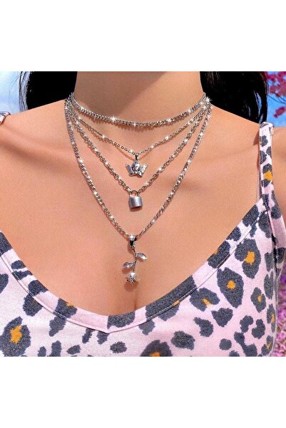 Pursehuit Colier cu 4 straturi, culoare argintie, cu înger și trandafir, Flor...