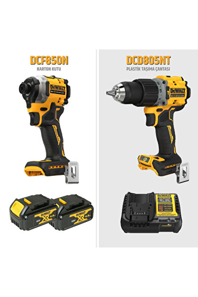 Dewalt DCD805NT Darbeli Matkap + DCF850N Torklu Vidalama + 2 Akülü İkili Set