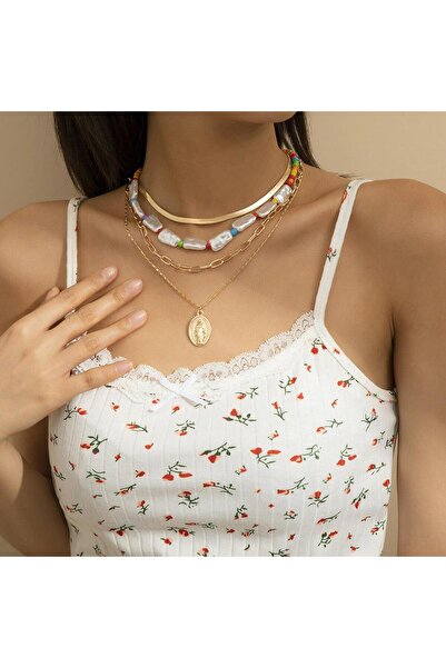 Pursehuit Σετ 4 κολιέ, χρυσού χρώματος, με μαργαριτάρια και κρίκους, Ιούνιος C4