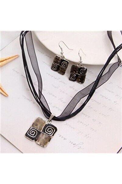 Pursehuit Set colier și cercei, culoare argintie cu negru, Trude C1