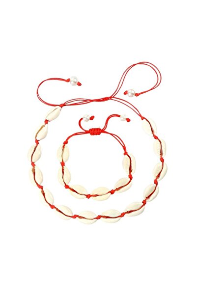 Pursehuit Set colier și brățară cu scoici și șnur roșu, reglabil, Sanne C1