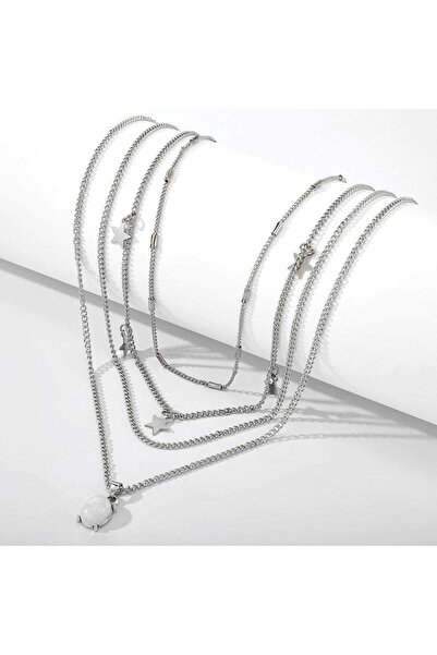 Pursehuit Silver-colored necklace, in 4 layers, with stars and stone, Serena C11