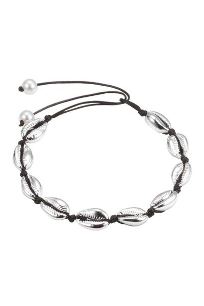 Pursehuit Κολιέ με μεταλλικά κοχύλια, ασημένιο, μαύρο κορδόνι, ρυθμιζόμενο, S...