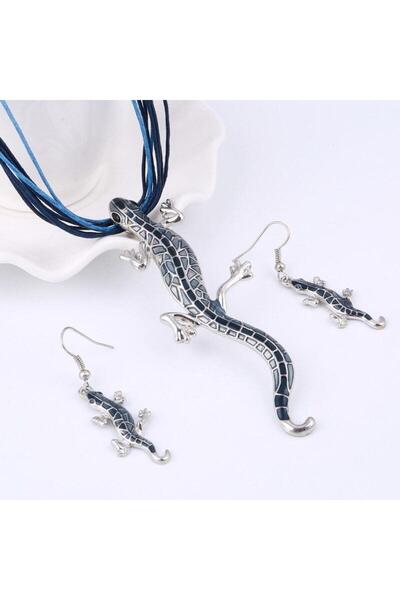 Pursehuit Set colier și cercei, albastru, cu șopârle, Trish C2