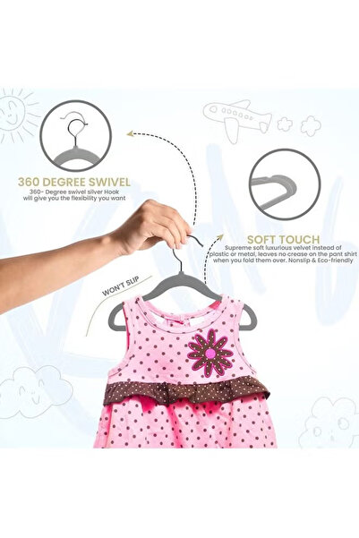 Saharaz Non-Slip Clothes Hanger for Baby and Kids 50-Pack Velvet Hangers with 10 Finger Clips (Grey)