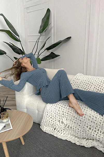 NEEWSTORE V Yaka Mavi Düğmeli Uzun Pijama Takımı